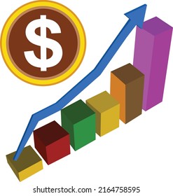 Gráfico 3D y moneda en dólares y vector de flecha en crecimiento. sobre fondo blanco