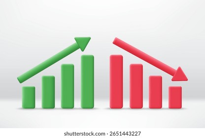 3D-Grafik nach oben und unten Finanzpfeile. Geschäftskarte mit Zunahme, Abnahme Trend. Konzept für finanziellen Erfolg und Marktfortschritt. Minimalistisches Zeichentricksymbol. Trendy und moderne Vektorgrafik im 3D-Stil.