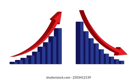 Gráfico 3D subiendo y bajando con Vector de flechas rojas. Concepto de Ilustración vectorial de barra de gráfico azul del icono de símbolo de gráfico de barra de ventas con flecha 3d que se mueve hacia abajo y gráfico de barra de ventas con flecha que se mueve hacia arriba.