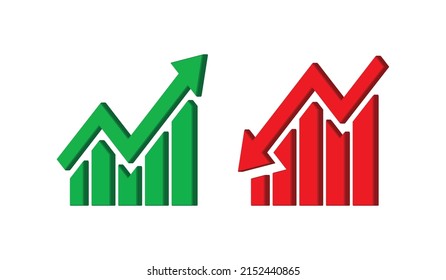 3d Graph going Up and Down sign with green and red arrows. 3d design vector illustration concept of sales. Bar chart symbol icon with arrow moving down and sales bar chart with arrow moving up, EPS 10