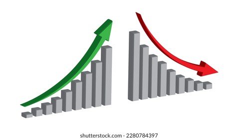 3d Graph going Up and Down sign with green and red arrows vector. 3D vector illustration concept of sales bar chart symbol icon with arrow moving down and sales bar chart with arrow moving up.