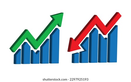 3d Graph going Up and Down sign with green and red arrows vector. 3D vector illustration concept of sales blue bar chart symbol icon with arrow moving down and sales bar chart with arrow moving up.