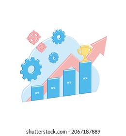 3d graph with increments, up arrow, gears. Conquering peaks, new steps in business, work. Achievement. Forward, path to victory, cup. Focus, motivation for result. Promotion on career ladder.