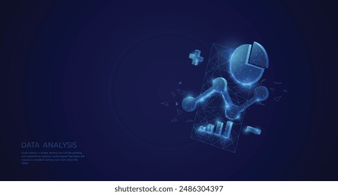 3d graph and mobile phone low poly wireframe art on blue background vector illustration. data Analysis concept template design for landing page, banners, poster, covers, flyers, presentations.