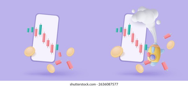 Gráfico 3D com queda sobre fundo azul. Falha nos negócios com conceito de tendência negativa, gráfico de barras para baixo. representação 3d para investimento financeiro. ilustração de renderização de vetor de ícone de ações de negociação 3d