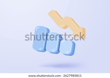 3D graph with plummeting on blue background. Business failure with negative trend concept, bar chart down. 3d representation for finance investment. 3d trading stock icon vector render illustration