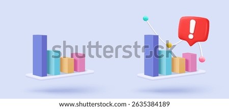 3D graph with plummeting on blue background. Business failure with negative trend concept, bar chart down. 3d representation for finance investment. 3d trading stock icon vector render illustration