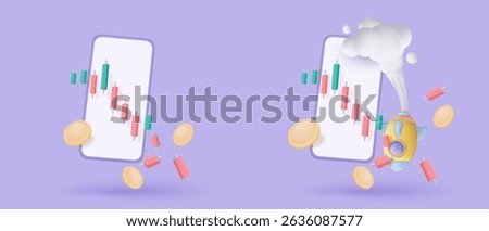 3D graph with plummeting on blue background. Business failure with negative trend concept, bar chart down. 3d representation for finance investment. 3d trading stock icon vector render illustration