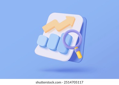 3D graph up with search notice icon for finance statistic, sell and buy report. analyzing investment money cash and exchange with finance. 3d trading stock report icon vector render illustration