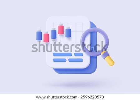 3D graph up with search notice icon for finance statistic, sell and buy report. analyzing investment money cash and exchange with finance. 3d trading stock report icon vector render illustration