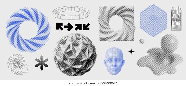3d graphic assets set in retro halftone style, retro futuristic geometric elements with wireframe different forms, bold modern shapes for design template, poster, stickers, banner in Y2k style. Vector