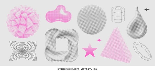 3d graphic assets set in retro dotted halftone style, retro futuristic geometric elements with wireframe different forms, bold modern shapes for design template, poster, banner in Y2k style. Vector