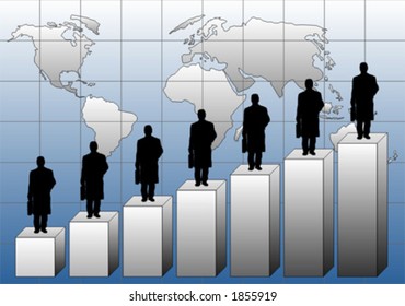 3D graphic chart with businessman and world map