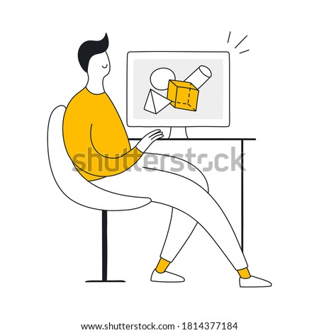 3D Graphic Designer, computer display with geometric shapes. 3D Graphic Designer sitting near the workplace and using the computer