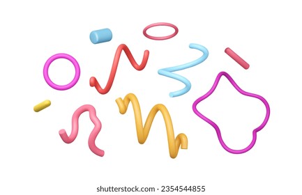 3d graphic elements set. Wavy line, circle, gradient sticks. Party decoration, bright swirl, artistic plastic doodle render. Vector illustration. Geometric shapes.