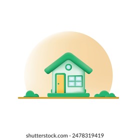 3D graphic house in minimalist style with sun and grass. motion graphic icons home