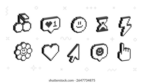 Ícones gráficos 3D na estética Pixel dos anos 90. Formas geométricas de pixel simples. Ícones de jogo de 8 bits retro conjunto de: cursor, mensagem de chat, sorriso rosto, emoticon, coração, etc. Vetor editável em estilo 3D 