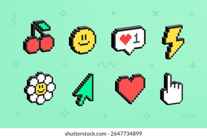3D graphics icons in 90's Pixel art aesthetics. Simple pixel geometrics shapes. Retro 8-bit game icons set of: cursor, chat message, face smile, emoticon, heart, etc.  Editable vector in 3D style 