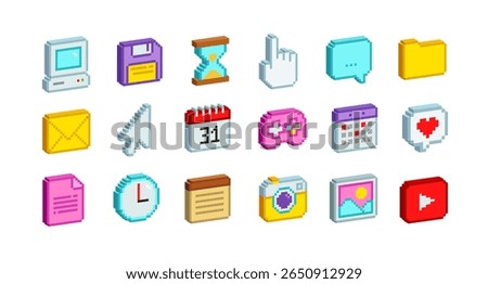 3D graphics icons in 90's Pixel art aesthetics. Simple pixel office items icons. PC icons set in retro 8-bit game of: cursor, chat message, floppy disk, notice, etc.  Editable vector in 3D style 