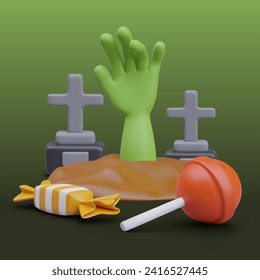 Cruces de tumbas en 3D, caramelos, mano zombie saliendo del suelo. Truco o trato. Afiche temático de Halloween al estilo de las caricaturas. Graciosa ilustración para unas vacaciones atemorizantes