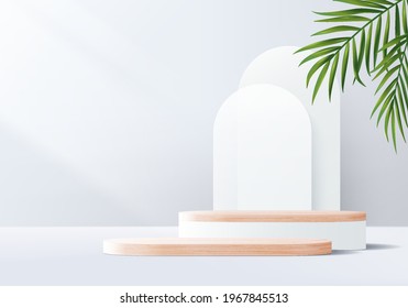 3d gray background product display wood podium with geometric platform. grey background vector 3d render with podium. wood stand to show cosmetic product. Stage showcase on pedestal white display