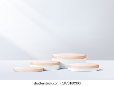 3d gray background product display wood podium with geometric platform. grey background vector 3d render with podium. wood stand to show cosmetic product. Stage showcase on pedestal white display