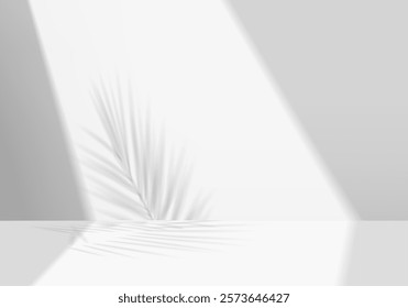 3d gray background product display podium scene with leaf geometric platform. grey background vector 3d render with podium. stand to show cosmetic product. Stage showcase on pedestal display white