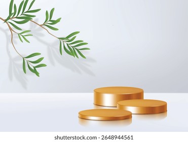 cena do pódio da exposição do produto do fundo cinza 3d com a plataforma geométrica da folha. vetor do fundo cinza 3d renderiza com pódio. stand para mostrar o produto cosmético. Exibição de palco no pedestal branco