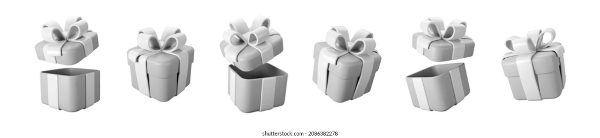 3d gray gift boxes open and closed set with pastel ribbon bow isolated on a white background. 3d render flying modern holiday surprise box. Realistic vector icon for birthday or wedding banners