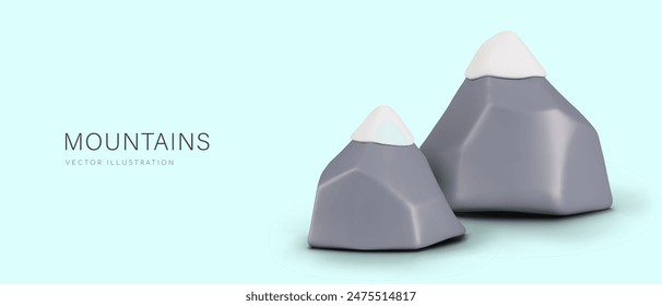 3D gray mountains with snowy peaks. Vector composition on blue background