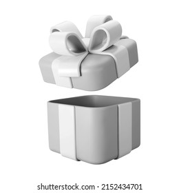3d gray open gift box with pastel ribbon bow isolated on a white background. 3d render flying modern holiday open surprise box. Realistic vector icon for present, birthday or wedding banners