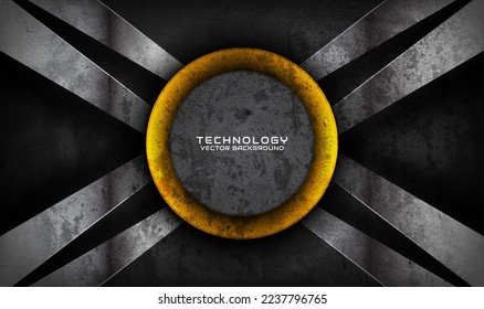 capa de fondo abstracto de tecno gris gris áspero 3D sobre el espacio oscuro con decoración amarillo brillante. Diseño gráfico moderno concepto de corte de elementos para pancarta, tarjeta o portada