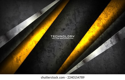 capa de fondo abstracto de tecno gris gris áspero 3D sobre el espacio oscuro con decoración amarillo brillante. Diseño gráfico moderno concepto de corte de elementos para pancarta, tarjeta o portada