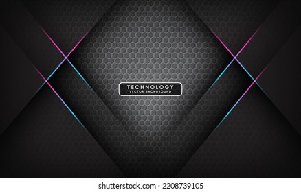 Capa de superposición de fondo abstracto de tecnología gris 3D en el espacio oscuro con decoración de línea rosa azul. Diseño gráfico moderno concepto de corte de elementos para banner, volante, tarjeta o portada