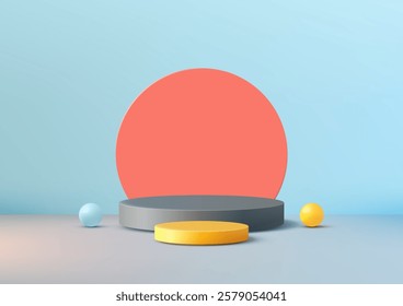 3D gray and yellow two tiered podium set against a light blue backdrop with a coral circle and flanking spheres. Creative mockups, product displays, and modern branding designs