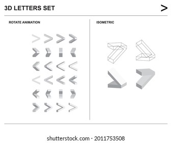 3d Greater-than sign Alphabet Letters Set Animate Isometric Wireframe Vector