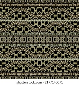 3.ª frontera griega. Cadenas, cremalleras y cuerdas sin soldadura. Fondo de la superficie ornamental de moda. Creativas fronteras étnicas tribales con cadenas tridimensionales, cuerdas y crepes dorados. Ornamentos serpenteantes de clave griega