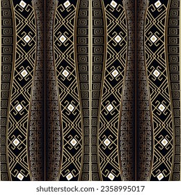 3d Greek borders vector seamless pattern. Repeat tribal ethnic surface ancient style background. Greek key, meanders golden wave lines ornament.  Modern wavy border design. Endless ornate texture.