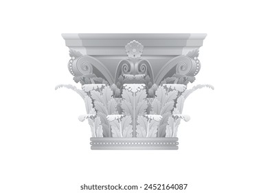 3D Greek column, realistic Corinthian order pillar decoration of stylized acanthus leaves vector illustration