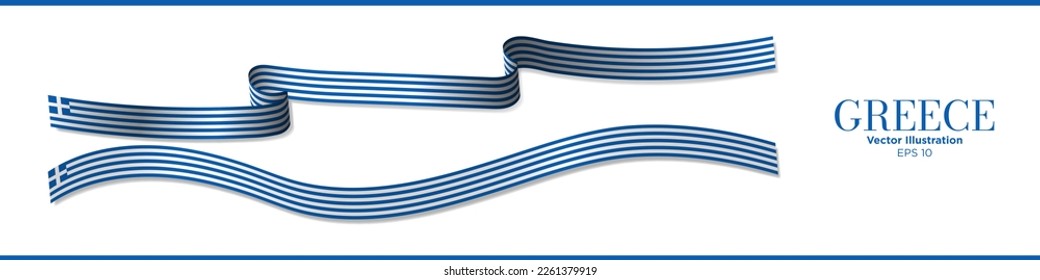 3D Greek Flag Ribbons. 3d Rendered Greece Flag Ribbons with shadows. Long Flag of Greece Set. Curled and rendered in perspective. Graphic Resource. Editable Vector Illustration.