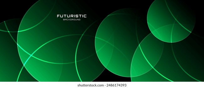 3D green abstract background overlap layer on dark space with circles shape effect decoration. Modern graphic design element lines style concept for web banner, poster, flyer, card, cover, or brochure