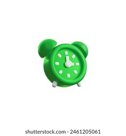 Reloj despertador verde 3D. Icono de reloj de renderizado, durmiendo o temporizador de fecha límite. Icono de reloj volumétrico Ilustración vectorial aislada. Recordatorio realista del diseño 3d en estilo plástico de la historieta, símbolo del aviso