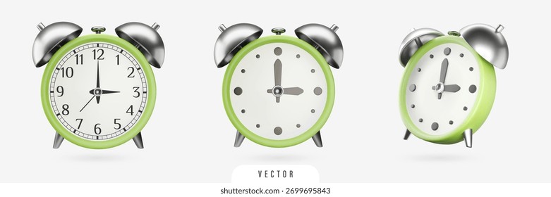 Relógio de alarme verde 3D ajustado. Ícones realistas do temporizador retrô com faces de relógio diferentes. Design de vetor isolado em fundo cinza para gerenciamento de tempo, economia de horário de verão, negócios