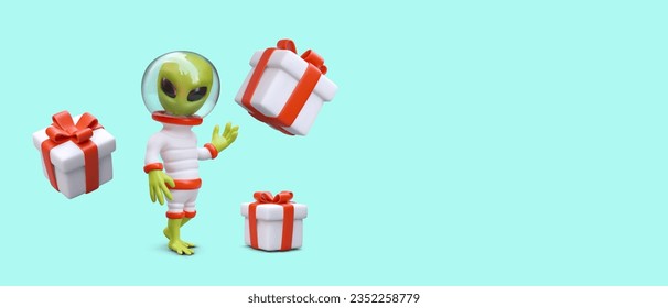 3D green alien, gift boxes. Mystical gifts, packed surprises. Unusual promotion, cosmic discounts. Alien party. Vector concept in cartoon style. Place for logo, slogan, price