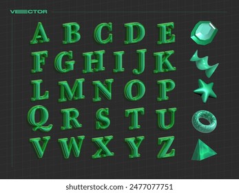 3D green alphabet vector set. Realistic gemstone typeface Futuristic 3D text effect vector elements