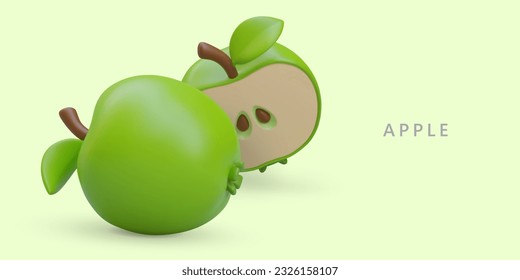 3D green apple in plasticine style. Diet fruit, vegetarian snack. Juicy vitamin fruit for lunch. Healthy natural food. Sliced apple. Poster on colored background