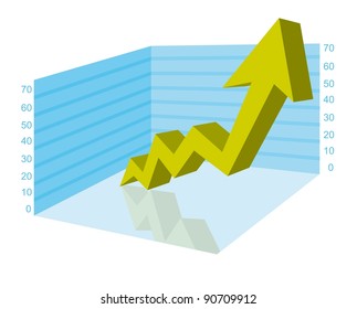 3d green arrow over blue square with shadow. vector illustration