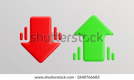 3d green arrow up and red sign down on light background. Vector icon economic growth and decline.