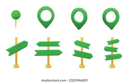 3D green arrows and pins direction set. Vector stock illustration pack isolated on white background for game and print industry. EPS10