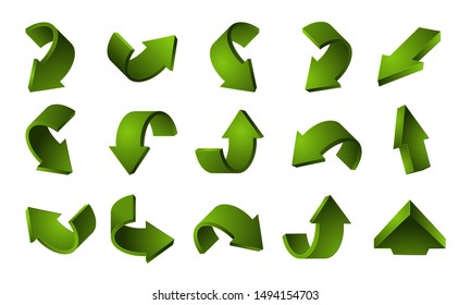 3D green arrows set. Vector recycling arrows isolated on white background